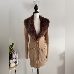 G by Giuliana Tan Cardigan with Faux Fur Collar